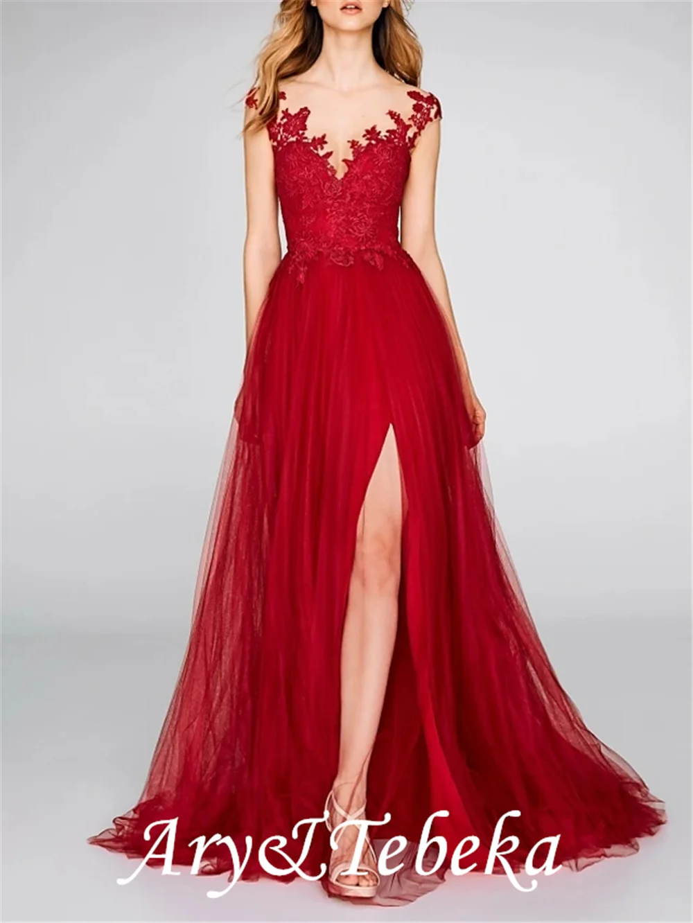 

A-Line Sexy Engagement Formal Evening Dress V Neck Sleeveless Court Train Tulle Lace with Split Appliques 2021