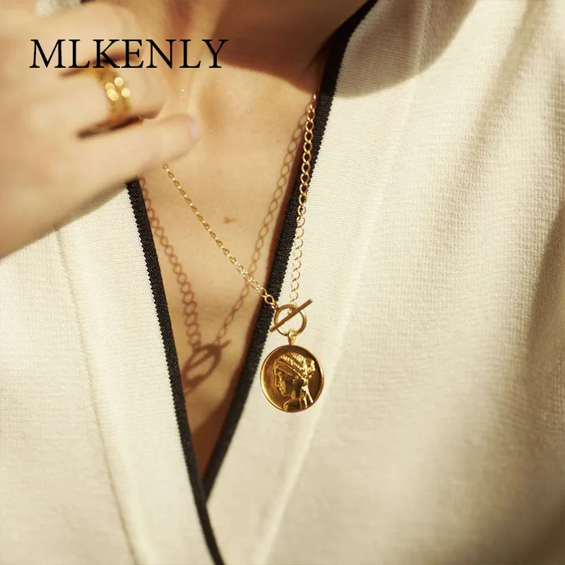 

MLKENLY 925 sterling silver To buckle European double layer Chain Coin pendant necklace creative necklace for women jewelry gift