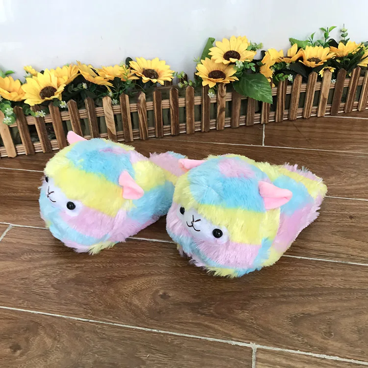 

Explosive grass mud horse slippers net red animal beast camel rainbow stripes plush slippers home warm half pack fur shoes