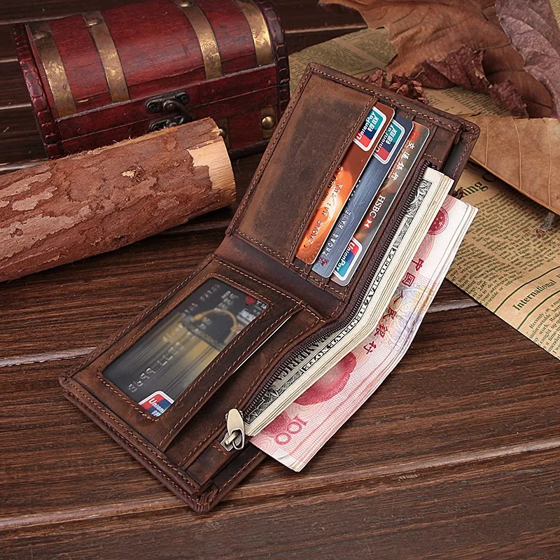 Кожаный бумажник Crazy Horse, винтажный короткий кошелек, мужской кошелек из натуральной кожи, держатель для карт, кошелек на молнии, кошелек для денег