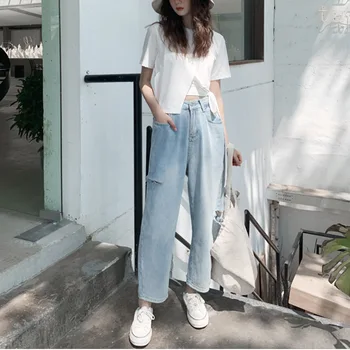 

C 2020 Autumn and Winter New Style Straight High Waist with Holes Cowboy Loose Pants Trousers Female