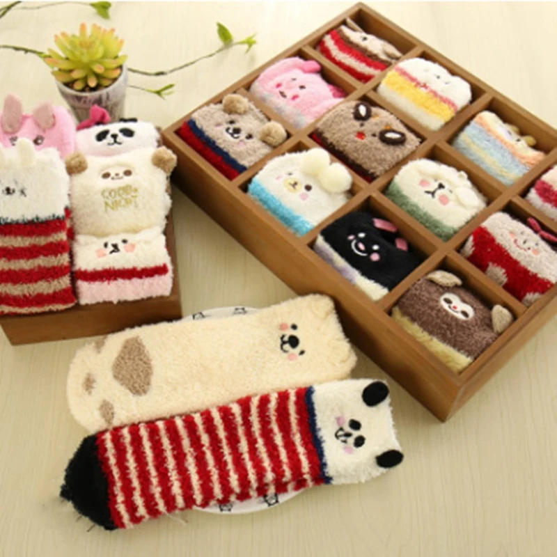 Милые зимние теплые мягкие пушистые коралловые бархатные носки-тапочки с мультяшными ушками для девушек и женщин удобные носки для отдыха Kawaii QDD9865