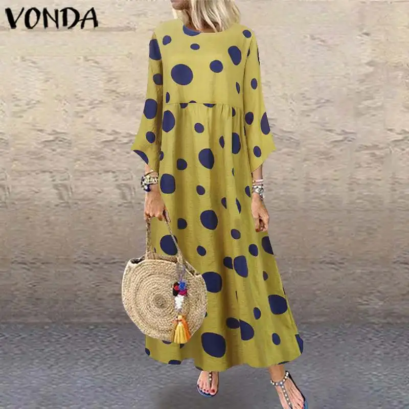

Cotton Linen Dress Women Vintage Dot Printed Party Maxi Long Dress Plus Size VONDA 2020 Autumn Sundress Bohemian Beach Vestido