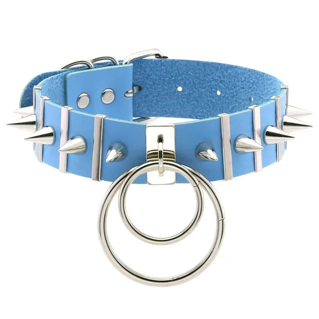 Round Spiked Rivet Blue Leather Collar Choker Necklace Gothic Punk For Men  Women