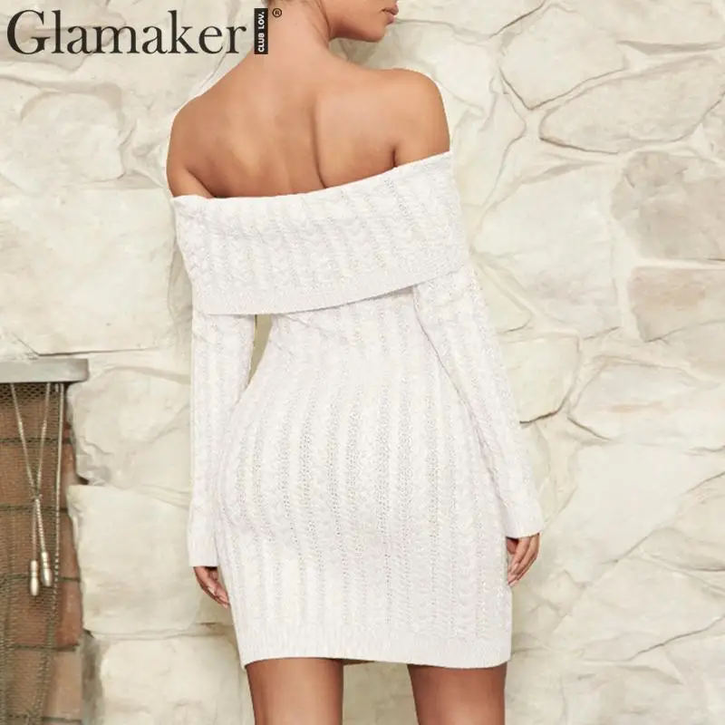 Glamaker, вязаное Белое Облегающее платье с открытыми плечами, зимние сексуальные женские вечерние платья для клуба, женское осеннее короткое платье с длинным рукавом