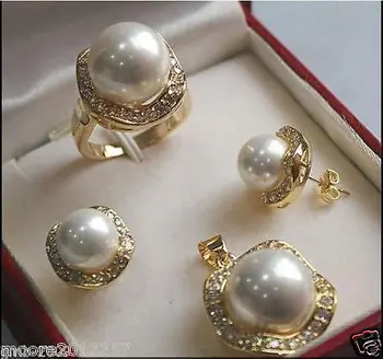 

>> Elegant White South Sea Shell Pearl fine gem necklace Pendant Earrings Ring Set fsr