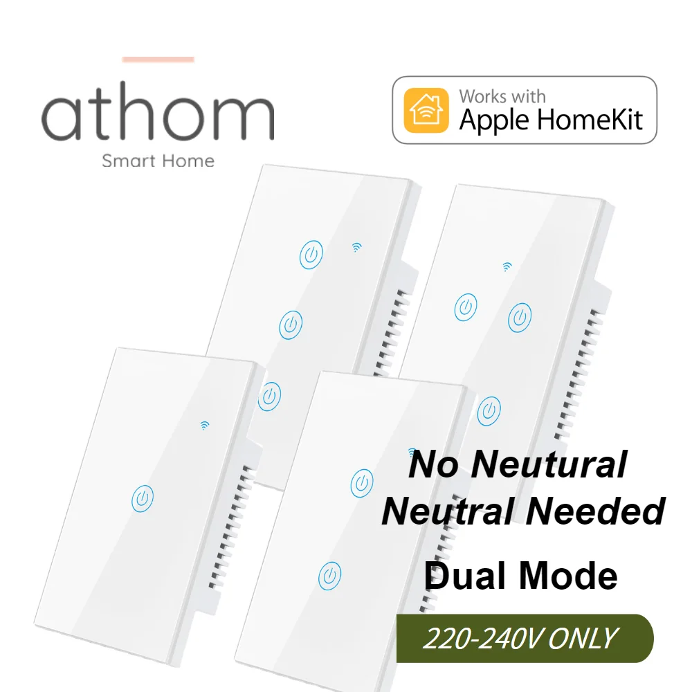 ATHOM US Homekit WiFi Smart Switch Touch key Siri Control Timing Schedule 1/2/3/4 Gang No Neutral and Needed Dual Mode | Электроника