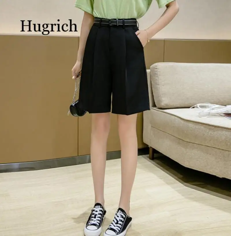 New 2021 Wide Leg Loose Bermuda Shorts for Women High Waist Purple or Black Cotton Shorts Free Belt High Quality Bermuda Femme