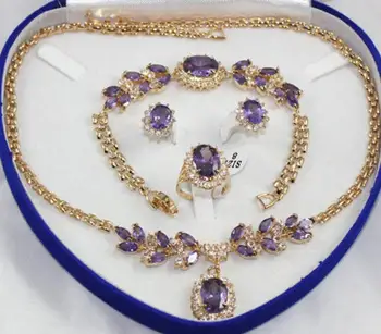 

Fashion jewelry Free Shipping Inlay Purple Crystal Necklace Bracelet Ring Earring set AAA -Bride jewel