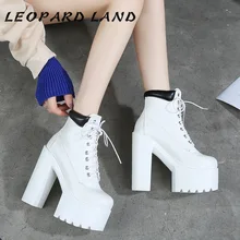Земля леопарда; высота каблука 14 см. Женские ботильоны на платформе; квадратный каблук очень высокий каблук ботинки на шнуровке; Женская Повседневная обувь; сапоги круглый носок ZYW-65913