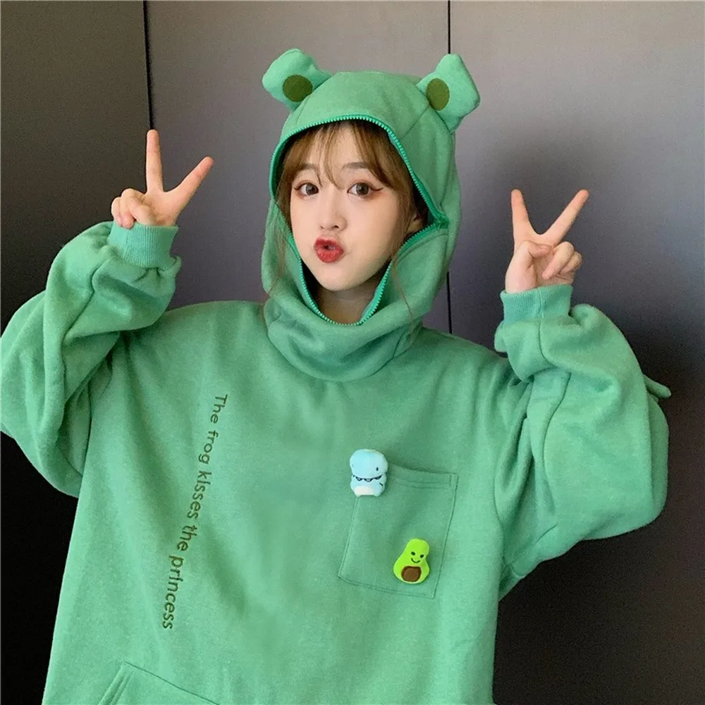 

Harajuku Frog Hoodie Plus Velvet Thickening Oversized Hoodie Kpop Loose Fall Winter Sweatshirt Teen Girl Hoodie Female Jacket