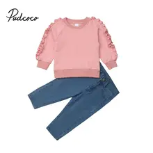 От 1 до 6 лет для детей ясельного возраста детская одежда для маленьких девочек на осень и зиму, комплекты розового цвета с длинными рукавами и оборками Топы с аппликациями для девочек+ джинсовые штаны, джинсы спортивный костюм