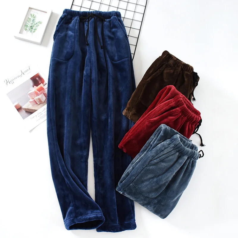 Men Winter Thick Flannel Sleep Pants Casual Pocket Pajama High Waist Loose Plus Velvet Home Pants Coral Fleece Male Sleepwear men's silk pajamas