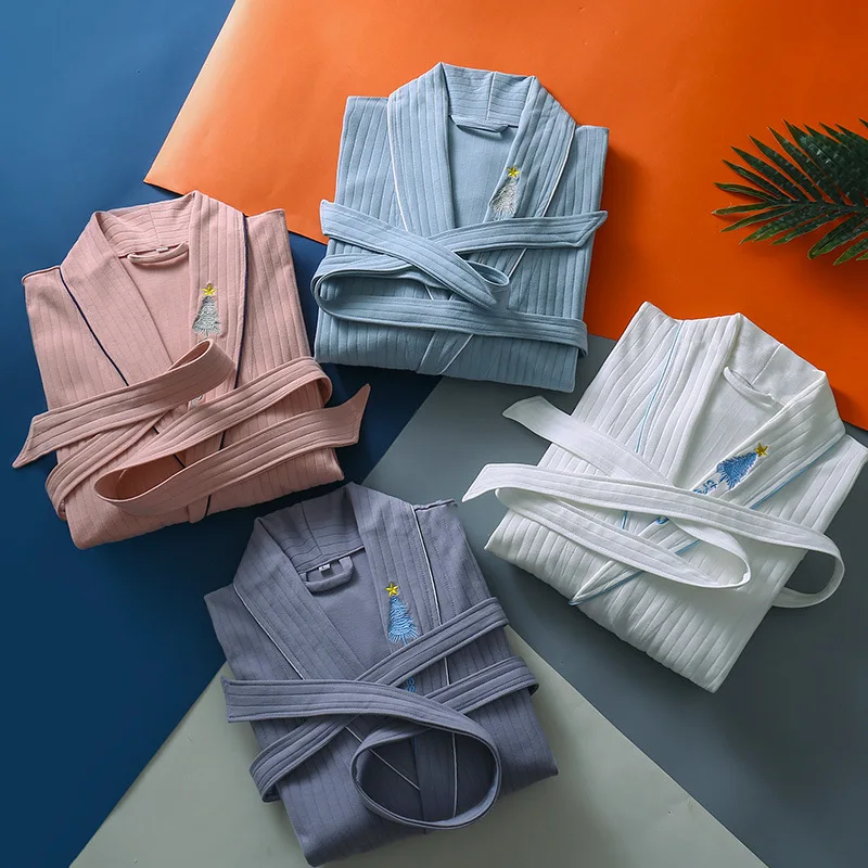 

New Home Hotel Absorbent Cotton Bathrobe Men Women Simple Lapel Stripe Bath Robe Spring Autumn Thin Robes