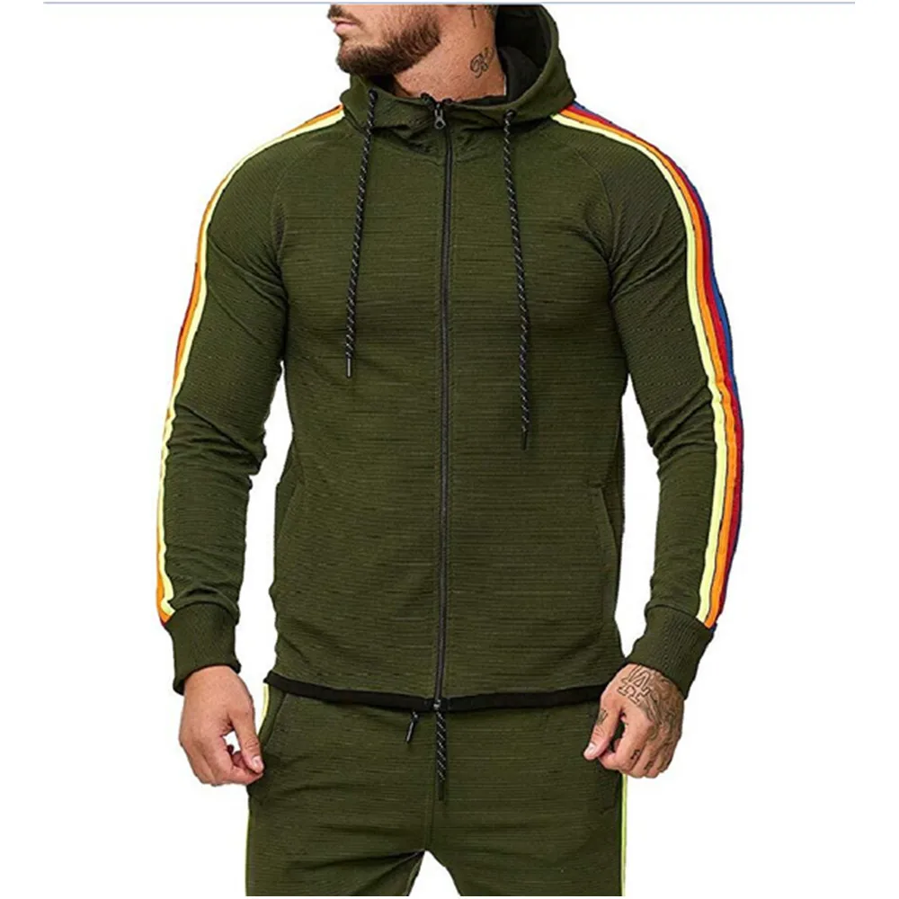 5xl мужской спортивный костюм осень зима активный костюм комплект верхняя одежда толстовки с капюшоном и длинные штаны боковой полосатый мужской комплект из двух предметов - Цвет: green tops
