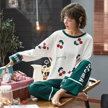

Women Plus Size Long Sleeve Pajamas Set Color Block Fruit Sleepwear Loungewear