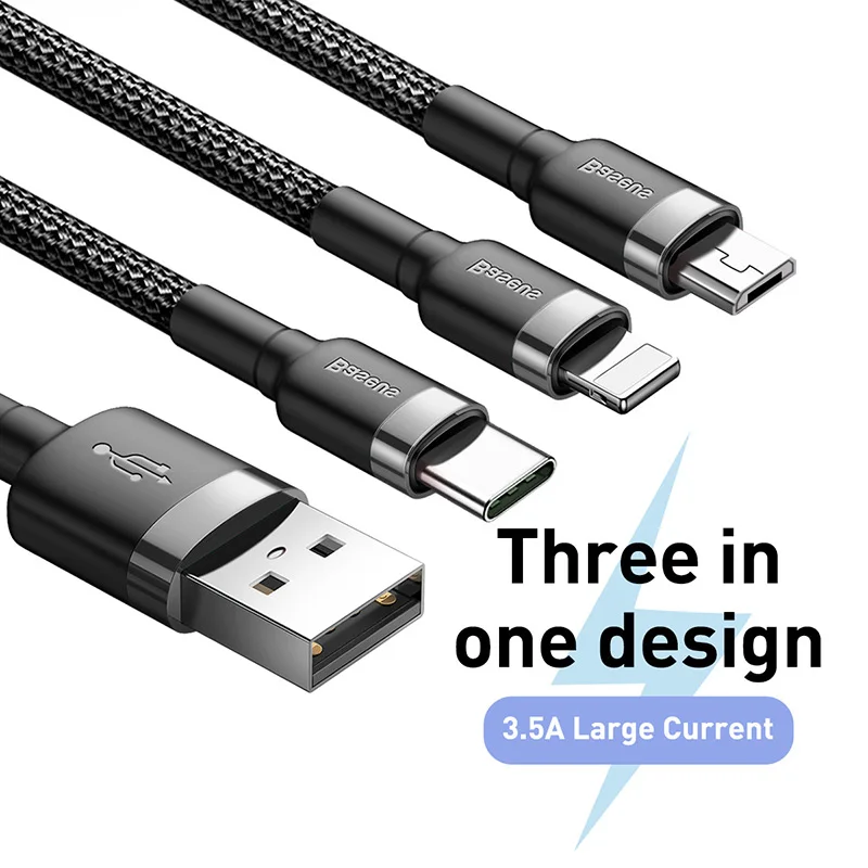 Usb-кабель Baseus 3 в 1 для iPhone, зарядный кабель 1,2 м, Micro USB type C для samsung, Xiaomi, мобильный телефон, все в одном, зарядный кабель