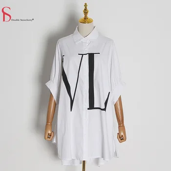 

Double Strawberry Letter Print Women's Shirt Spring Loose Large Size Lapel Bat Sleeve Asymmetric Long Shirt Top