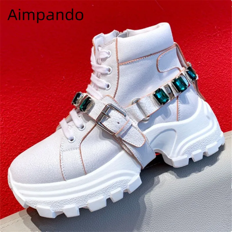 

Crystal Martin Boots Woman Belt Buckle Decor Diamond Ankle Bottes Round Toe Thick Bottom Climbing Shoes Crack Print Women Boots