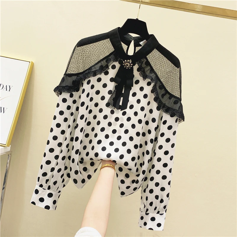 

Lace-up Bow Polka Dot Mesh Panel Shirt Women's 2020 Spring Off-Shoulder Transparent Cut-out Ruffles Women's Blouses and Tops