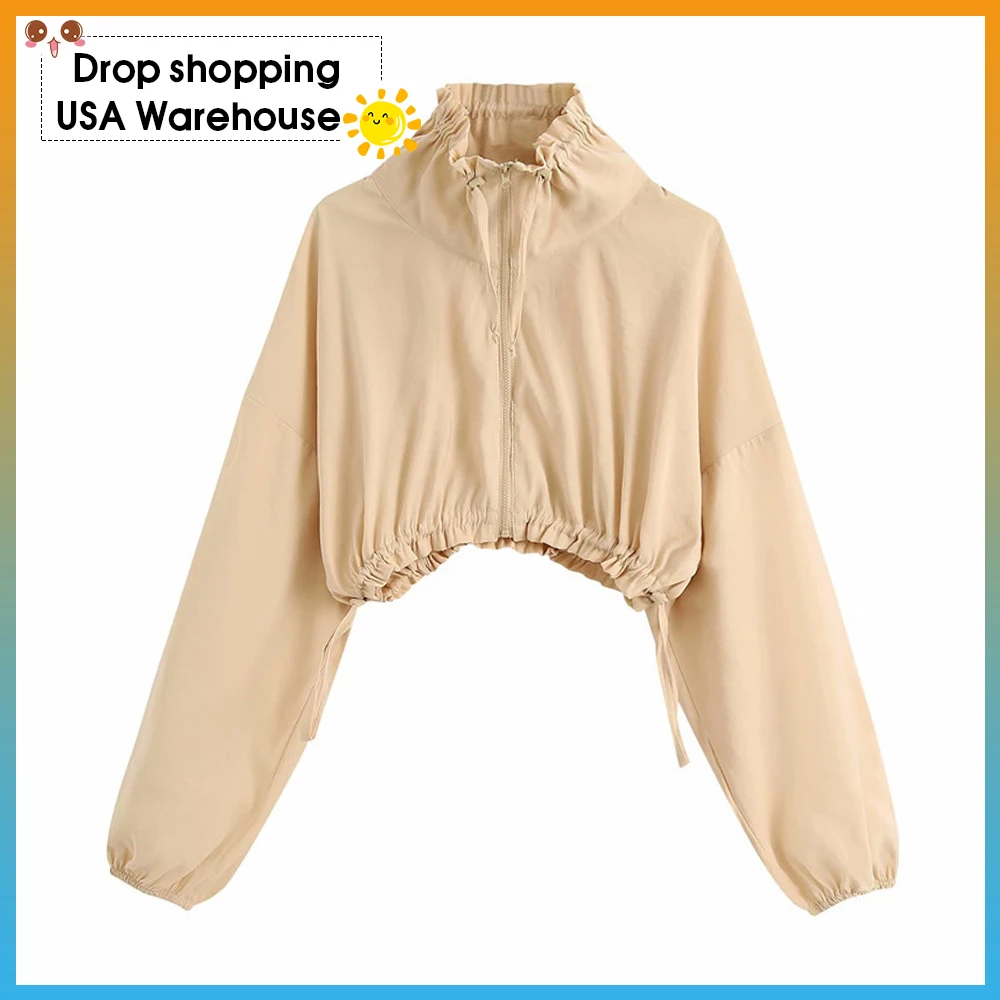 

OUSHANG French Style Apricot Satin Loose-fitting Ladies CroppedJacket Drawstring Tied Long Sleeve BriefÂ Short Coat 2020 Tide