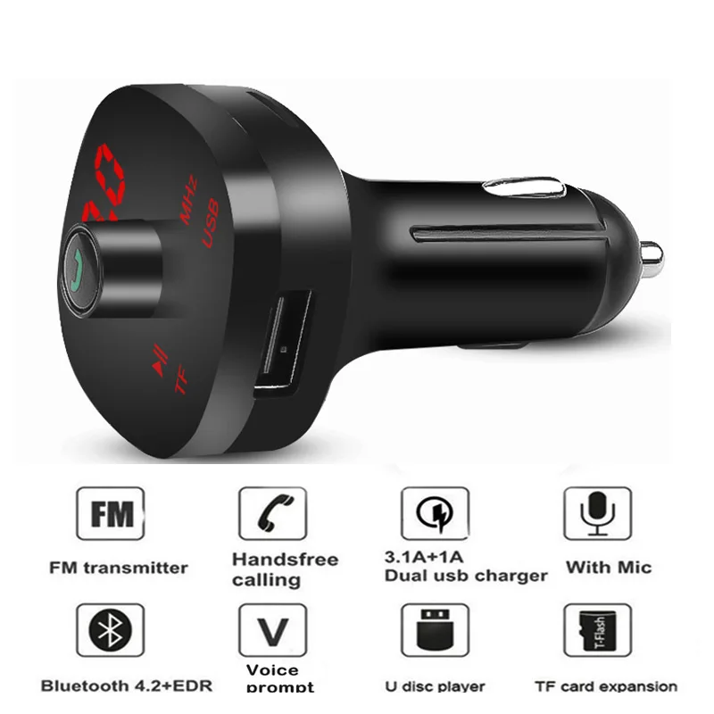 

3.1A Handsfree Bluetooth Car USB Charger FM Transmitter Wireless Radio MP3 Player Adapter U-disk TF Card AUX Phone Power Kit