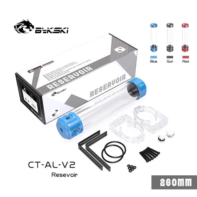 Bykski Ct-al-v2 Vermelho Azul Arma Reservatório 150 200 260 mm Comprimento Acrílico Tanque de Água de Alumínio Capa Transperant Outlets Refrigerador de Água - Imagem 3