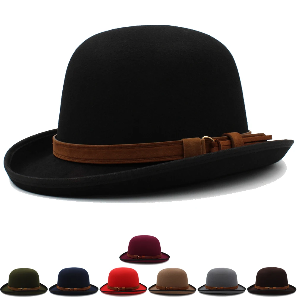 Men Women Oval Top Classical Wool Bowler Hat Roll Rim Derby Cap Sunhat Party Street Style Adjustable Size US 7 1/8-7 3/8 UK M-L blue fedora hat