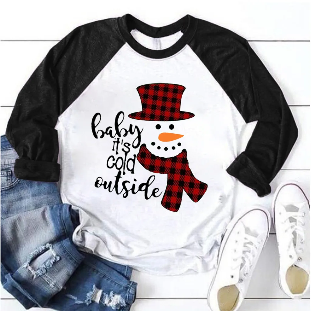 Женская рождественская футболка со снеговиком,, Рождественская, новогодняя, Рождественская футболка, пуловер, топы, повседневные женские Лоскутные футболки, Mujer