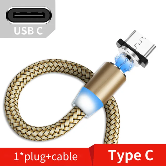 Магнитный usb-кабель 1 м 2 м светодиодный Micro USB type C Магнитный usb-кабель для зарядки для iPhone X 7 8 XS Max XR huawei samsung xiaomi LG - Цвет: For Type C Gold