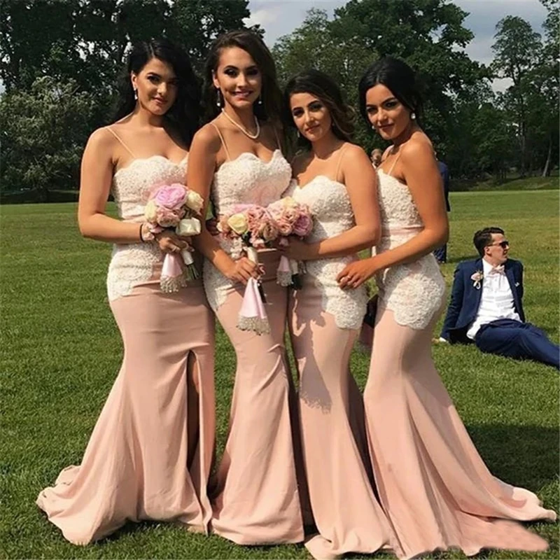 

Sexy Dusty Rose Pink Bridesmaid Dresses 2024 Elastic Satin Formal Mermaid Trumpet Spaghetti Sweetheart Lace Applique Porm Gown