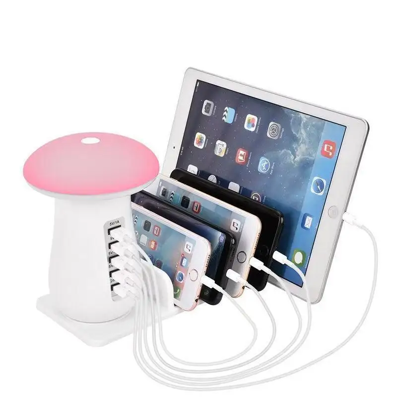 

DSstyles Desktop QC3.0 5 Ports Fast Charging Station Mushroom Shape LED Light Phone Charge Holder