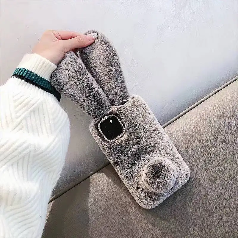 Объемный Пушистый Плюшевый чехол с кроличьими ушками для iPhone 11 Pro Max X 10 XR XS теплый