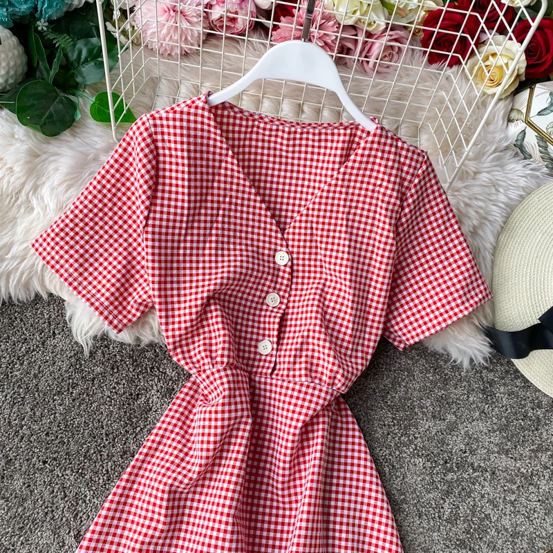 Teeuiear Slim Vintage V Neck Plaid Print Button Dress Slim ladies Summer Midi dress vestido de festa Party Women a-line Dresses