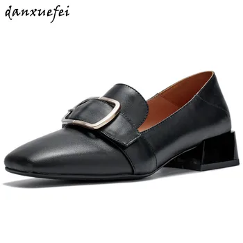 

Women's genuine leather metal buckle square toe slip-on pumpslow heel comfortable leisure soft comfortable espadrilles shoes hot