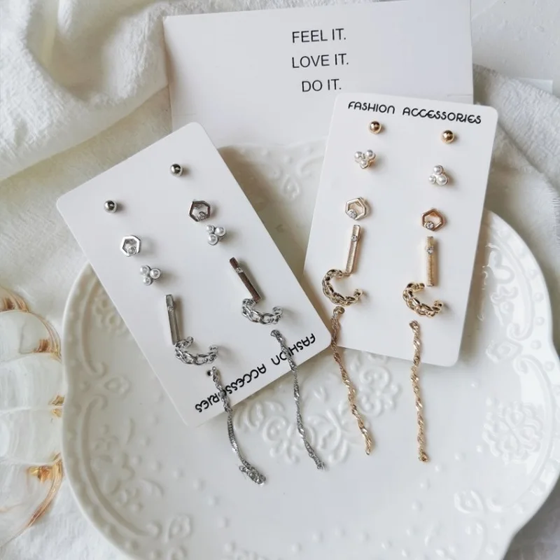 

6 Pcs/set Japanese Korean Trendy Personality Metal Small Stud Earrings for Simple Fashion Girl Women's Jewelry Accessories