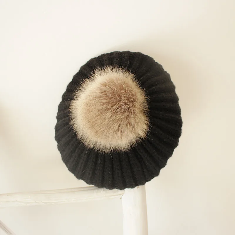 2-6Y Autumn Winter Kids Baby Girls Warm Hats Balls Knit Solid Beanies Hats Caps Outfits 7 Colors - Цвет: Черный