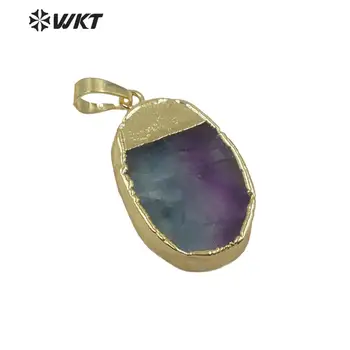 

WT-P1536 Wholesale Oval shape rainbow fluorite pendant gold trim natural raw stone pendant for jewelry making as women gift