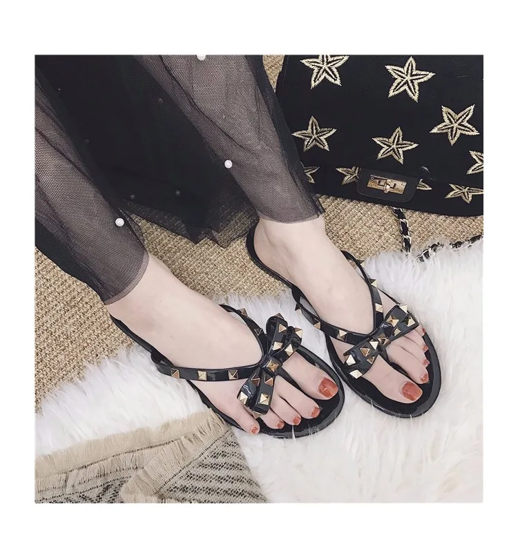 fashion women sandals flat jelly shoes bow V flip flops stud beach shoes summer rivets slippers Thong sandals nude