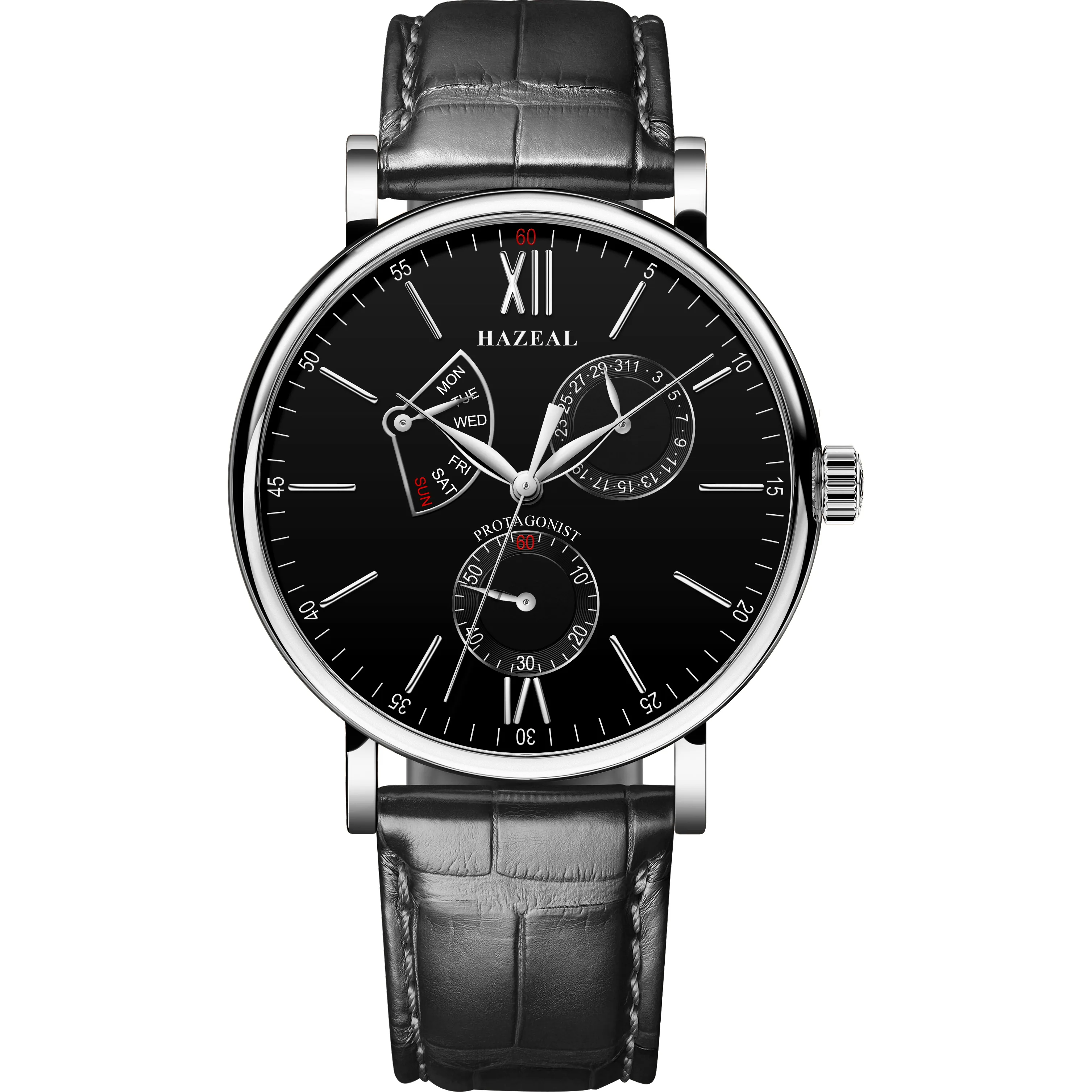 HAZEAL men automatic watch self wind mechanical luxury brand reloj hombre wristwatch leather strap