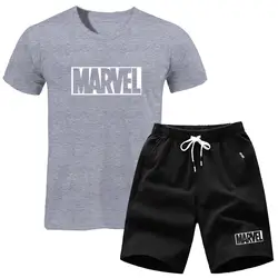 Короткий спортивный костюм из двух предметов модный мужской комплект 2019, футболка MARVEL + шорты, комплекты брендовой одежды, Повседневная