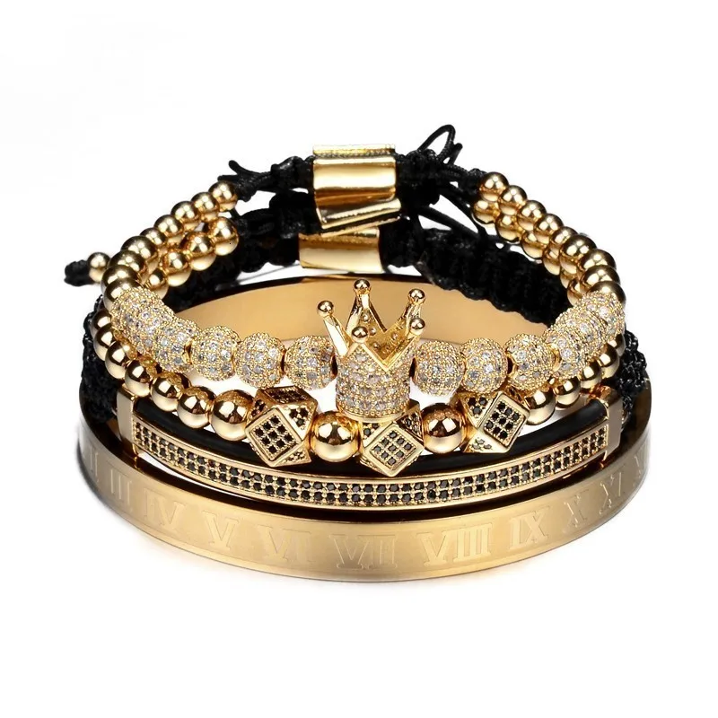 

JuneLeaf 4pcs/Set Classical Handmade Braiding Bracelet Gold Hip Hop Men Pave CZ Zircon Crown Roman Numeral Luxury Jewelry