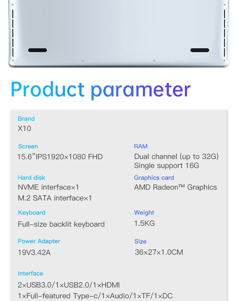 Eglobal 15.6 Inch Notebook - AMD 3150U, Ultrabook with 32GB RAM, MAX M.2 NVMe SSD, Gaming Laptops, Keyboard with Fingerprint Identification, BT4.0 Description Image.