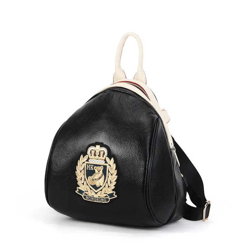 

2019 New Style Contrast Color Leather Backpackage WOMEN'S Bag Korean-style Fashion Genuine Leather Bear Badge Backpack Fashion T