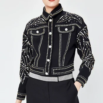 

Spring Woman Handsome Black Turn-down Collar Spliced Rivet Diamonds Sequins Long Sleeve Loose Coat Jacket LD55