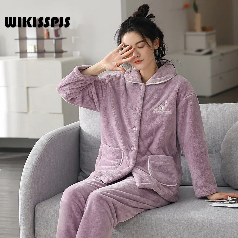 

WIKISSPJS Autumn Winter Thickened Plush Warm and Cold Proof Flannel Home Clothes Two Piece Suit Coral Velvet Pajamas for Women