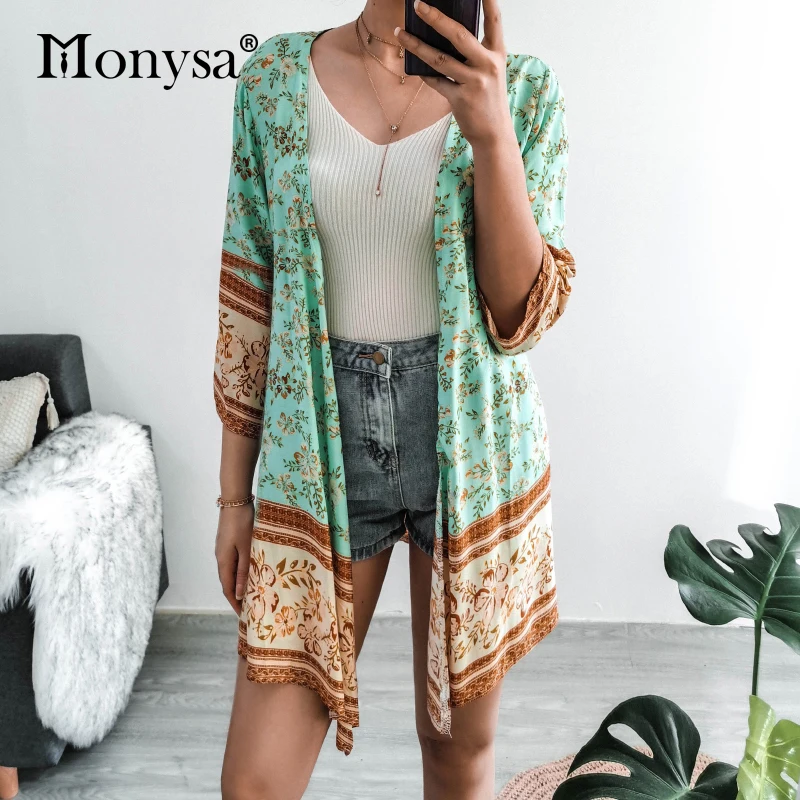 Bohemian Outerwear Women Cardigan Summer Casual 3/4 Sleeve Asymmetrical Floral Cotton Outer Beach Cover Up |