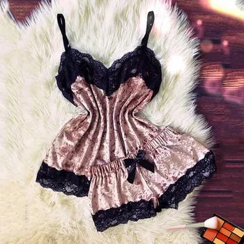 

hirigin Women Velvet Pajamas Sexy Lingerie Set Temptation Babydoll Nightwear Sleep Cami Top And Shorts Lace Homewear