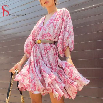 

Double Strawberry Autumn New Temperament Fashion Women Puff Sleeve Ruffled Party Floral Print Streetwear Dress with Belt