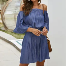 Office Ladies Summer Chic Jumpsuit 2020 Spring Blue Sunscreen Beach Jumpsuit Cold Shoulder Solid Color Casual Pants Women Romper